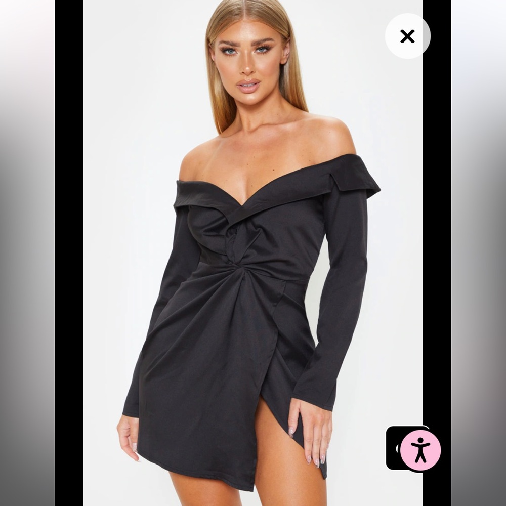 PrettyLittleThing - Nlack Bardot Knot Detail Blazer Dress